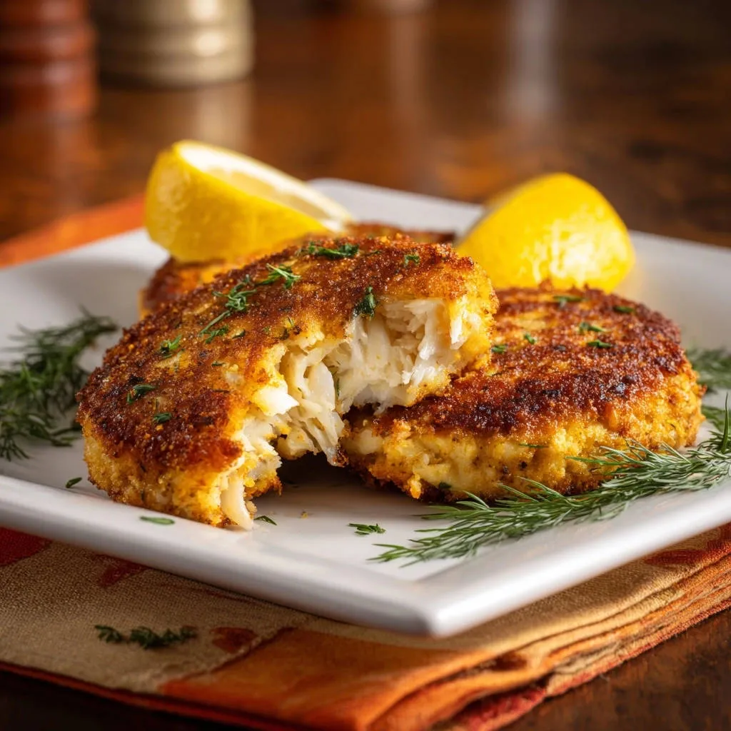 Classic crab cakes cross-section showing the flaky crab meat inside, garnished with dill and lemon.