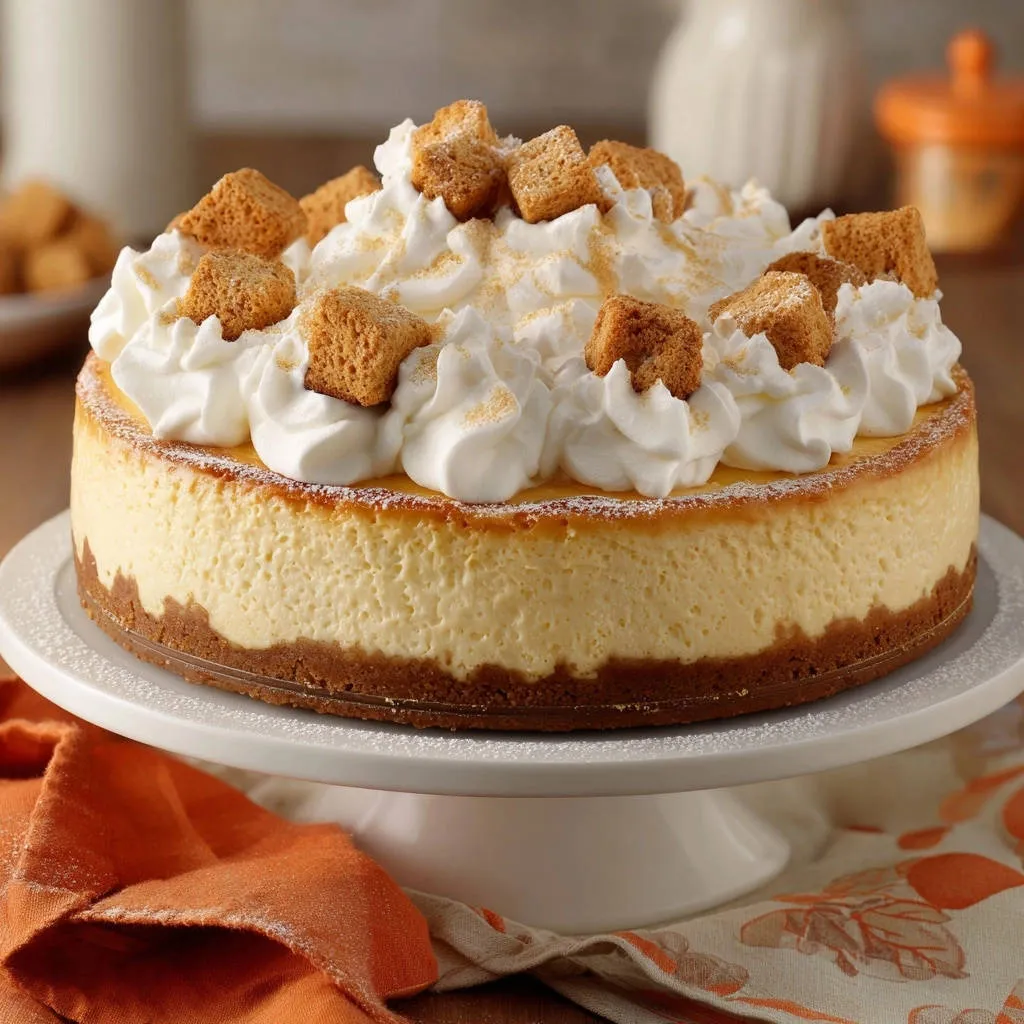 Classic creamy cheesecake topped with generous swirls of whipped cream and garnished with croutons.