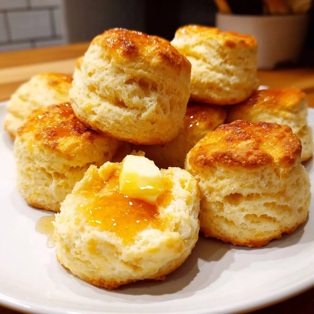 Classic fluffy biscuits topped with melting butter and drizzled with honey on a white plate.