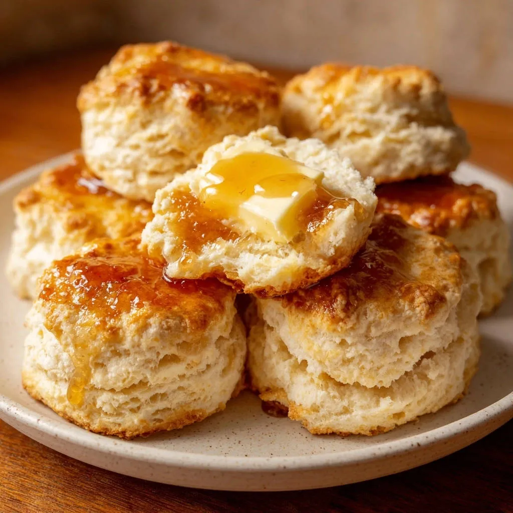 Classic fluffy biscuits with a close-up cross-section showing melting butter and dripping honey.