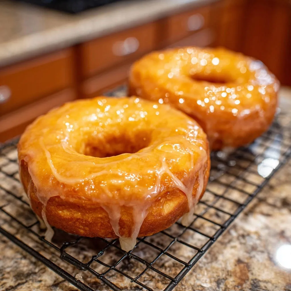 Classic glazed donuts cooling on a wire rack, showing their shiny glaze dripping down the sides.