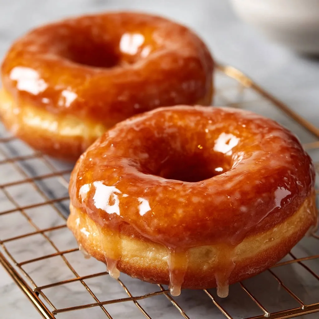Classic glazed donuts cooling on a wire rack, showcasing their shiny glaze.