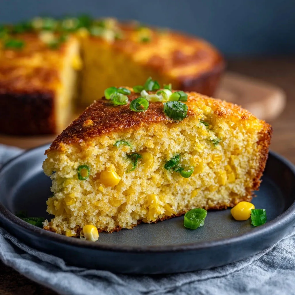 Classic skillet cornbread served as a plated slice, showcasing its moist and tender interior with visible corn kernels.