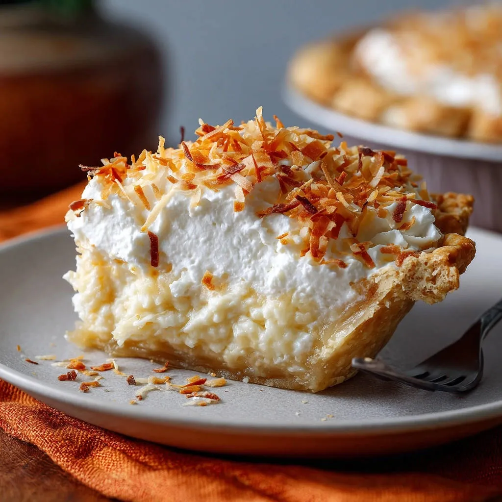Classic coconut cream pie slice shown in a close-up cross-section, revealing layers of filling and whipped topping.