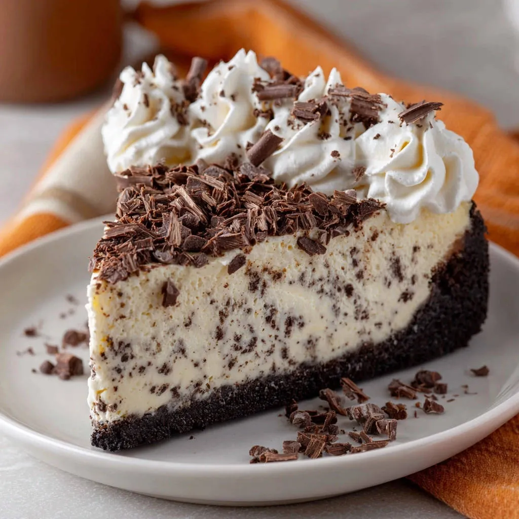 Cookies and Cream Dream Cheesecake, a single slice plated and topped with whipped cream and chocolate shavings.