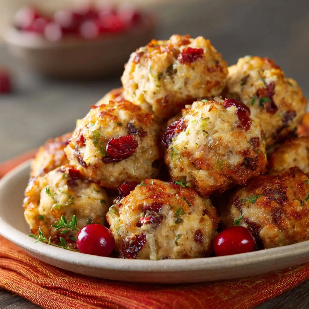 Cranberry herb stuffing balls piled high on a plate with fresh cranberries and herbs as a garnish.