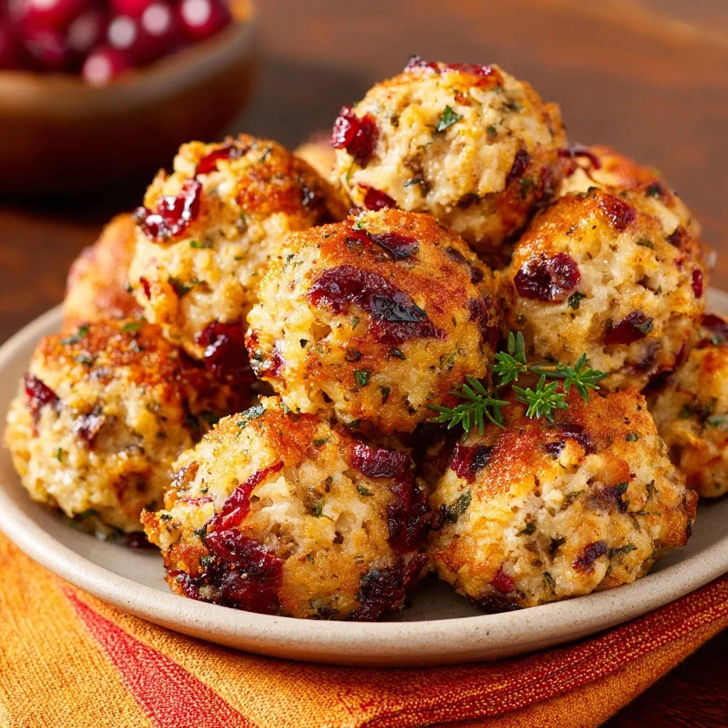 Cranberry herb stuffing balls are piled high on a plate, showcasing their golden-brown exterior and visible cranberries and herbs.