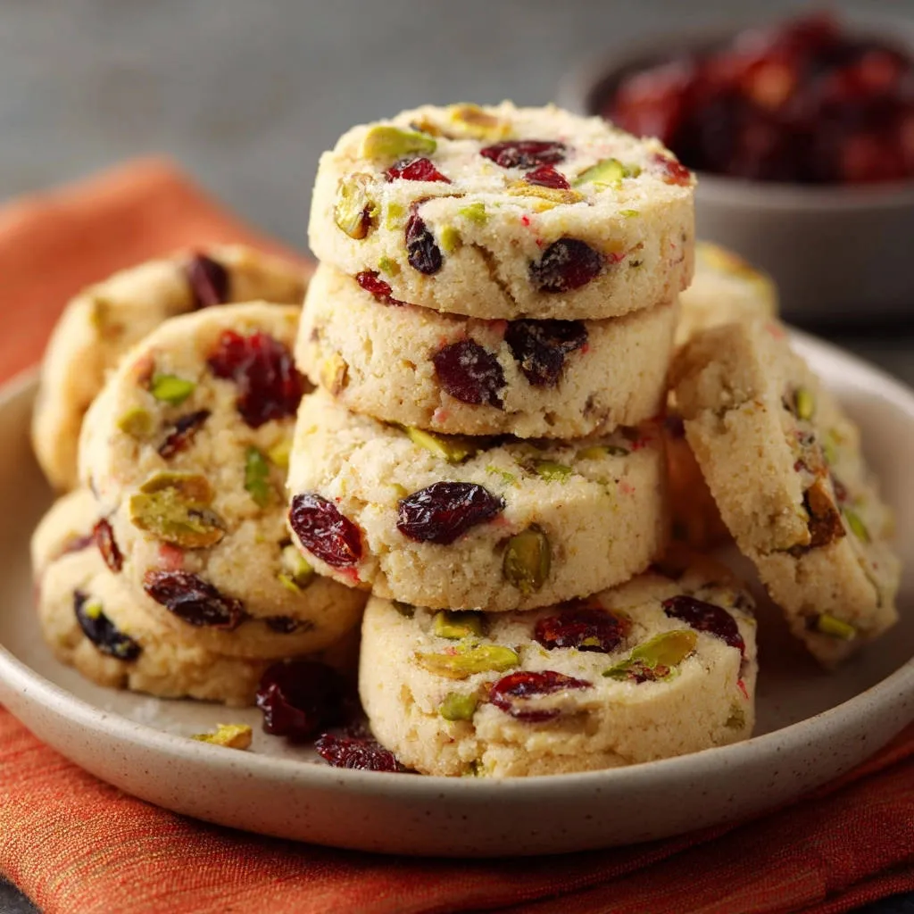 Cranberry pistachio shortbread cookies stacked on a plate, showing a close-up view of the sliced cookie texture with dried cranberries and pistachios.