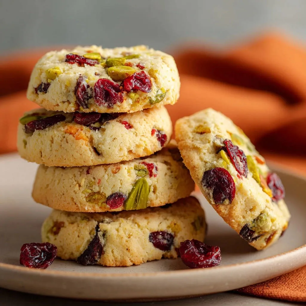 Cranberry pistachio shortbread cookies stacked on a plate, showcasing their festive red and green inclusions.
