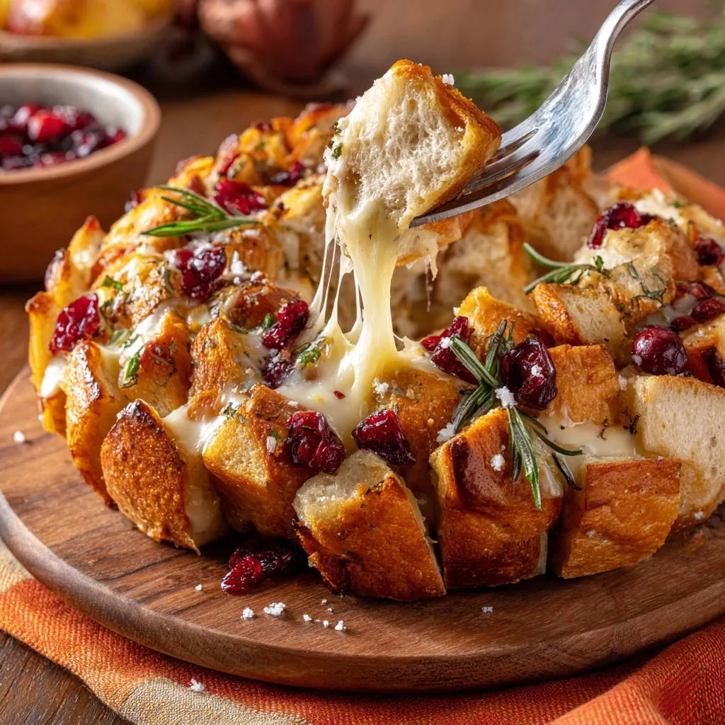 Cranberry rosemary pull-apart cheese bread with a fork pulling out a melty, cheesy piece.