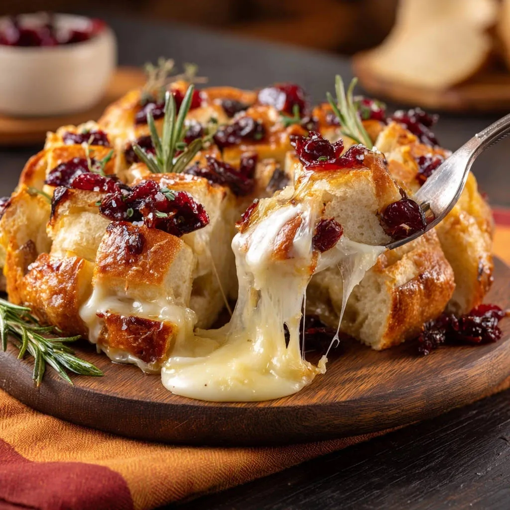 Cranberry rosemary pull-apart cheese bread with a fork pulling a melty, cheesy piece.