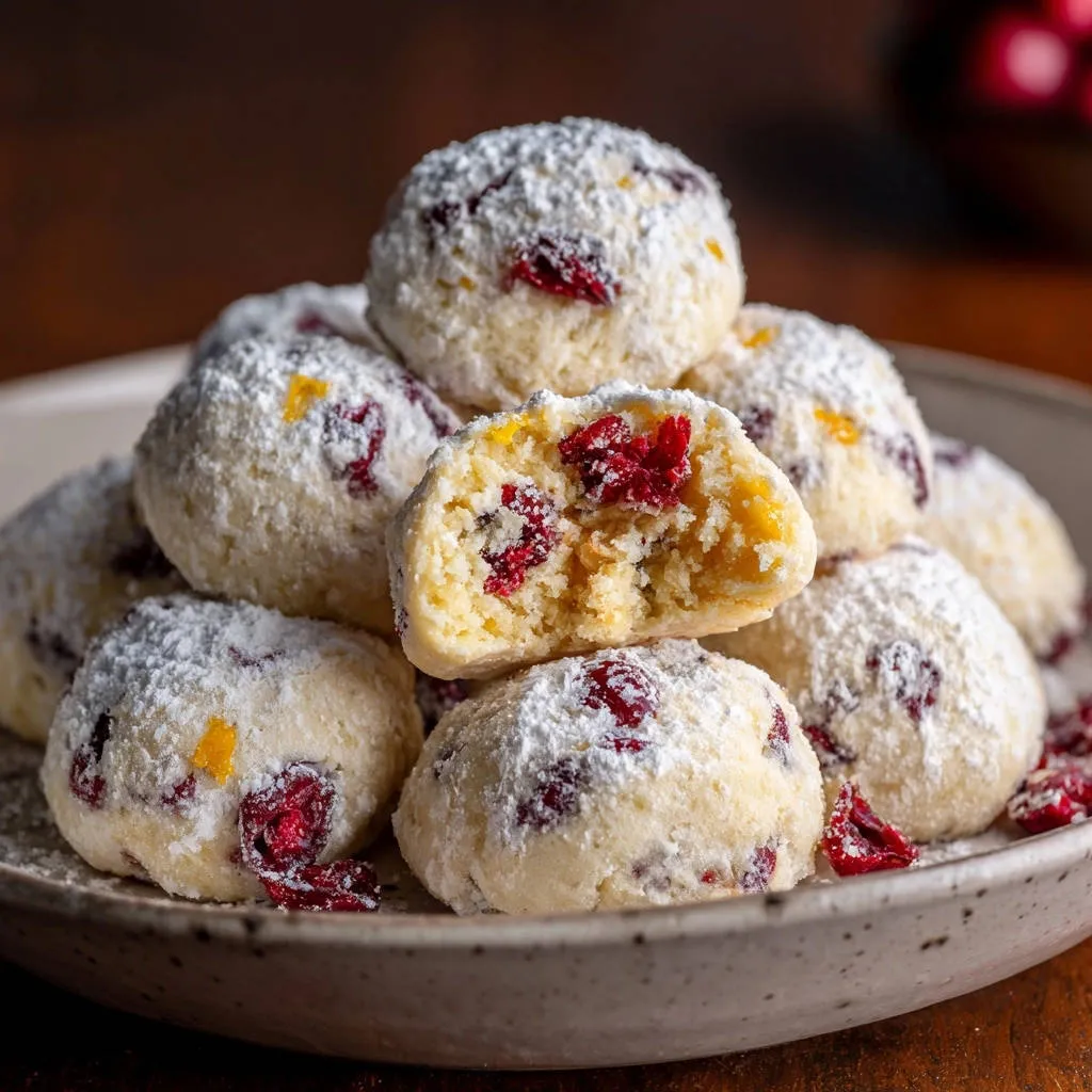 Cranberry snowball cookies cross-section showing the tender interior with dried cranberries and powdered sugar topping.