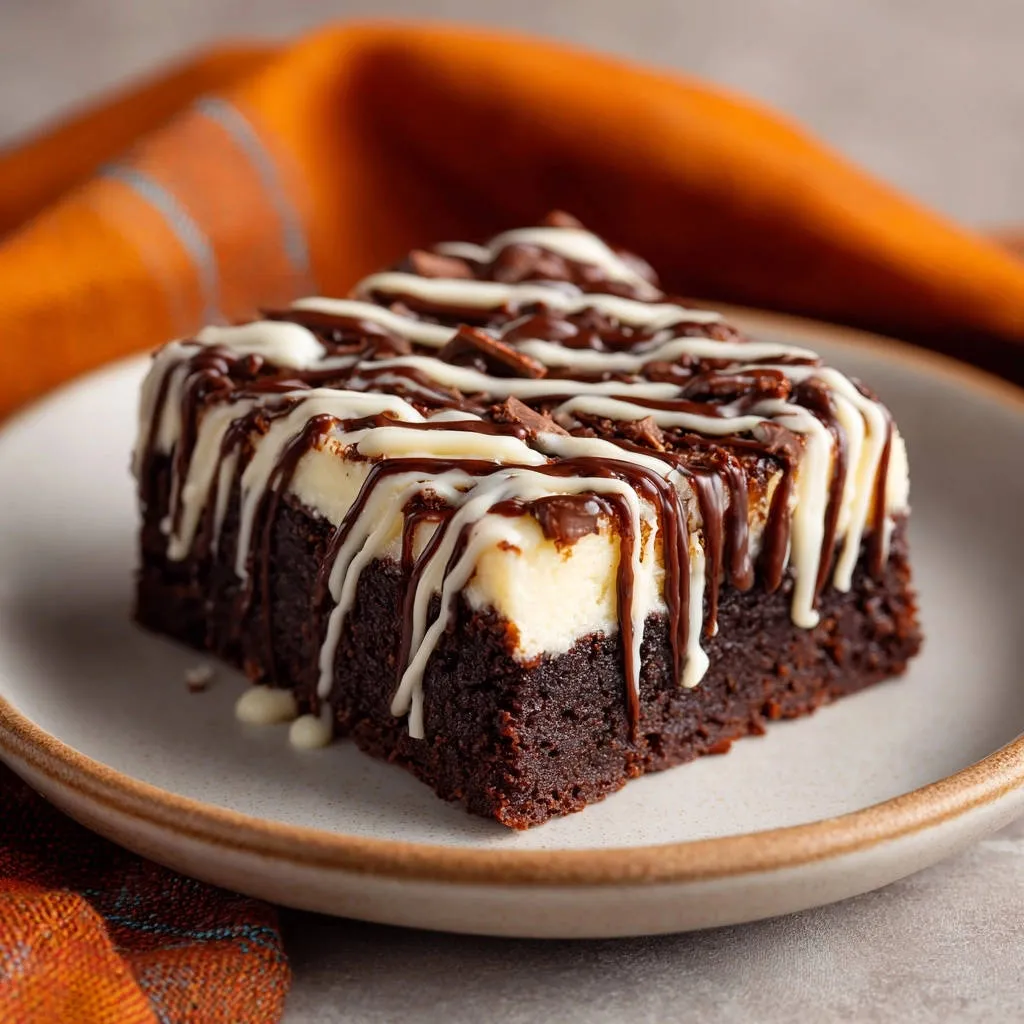 Cream cheese swirl brownies presented as a single plated slice with drizzles of white and dark chocolate on top.
