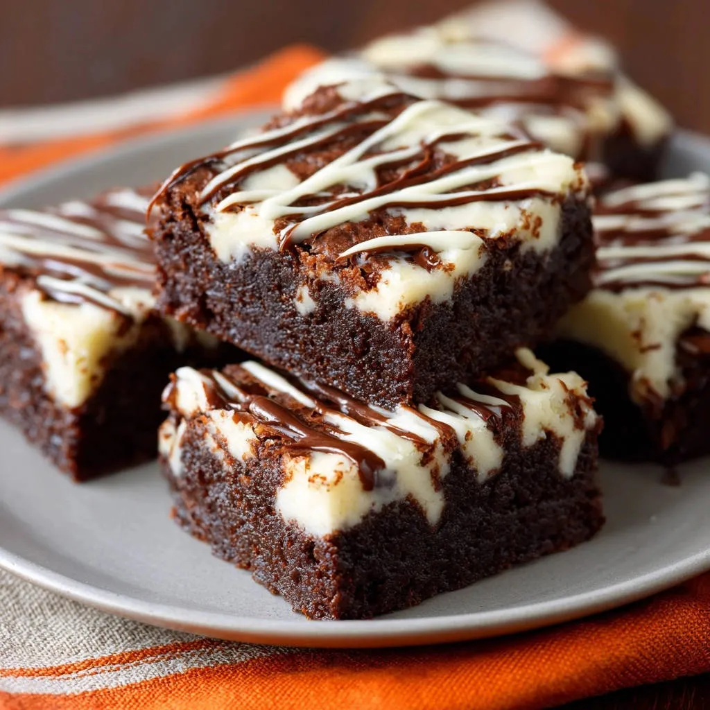 Cream cheese swirl brownies stacked on a plate, showcasing their fudgy texture and swirled topping.