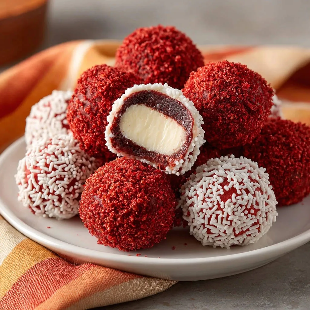 Dreamy cream cheese truffles cross-section showing the rich red velvet cake center filled with creamy white filling.