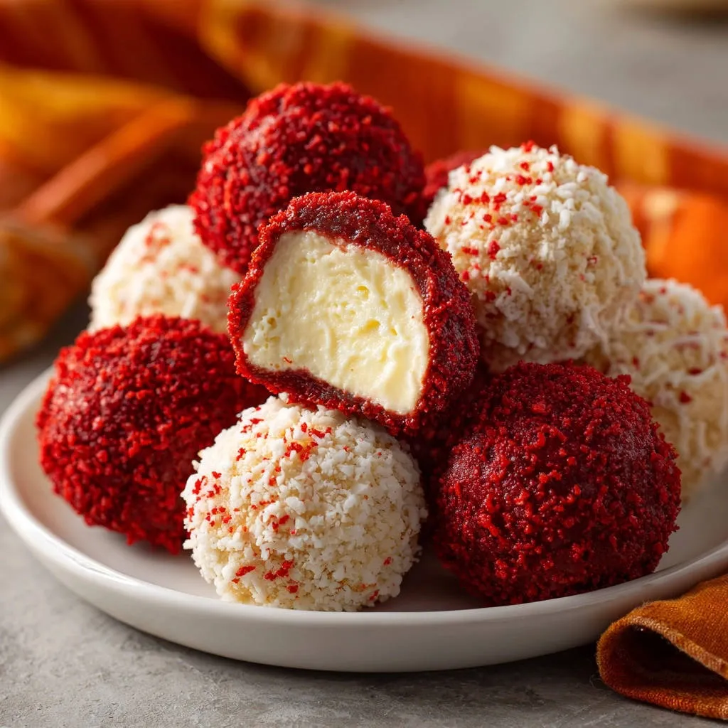 Dreamy cream cheese truffles cross-section showing the creamy white interior and red velvet coating.