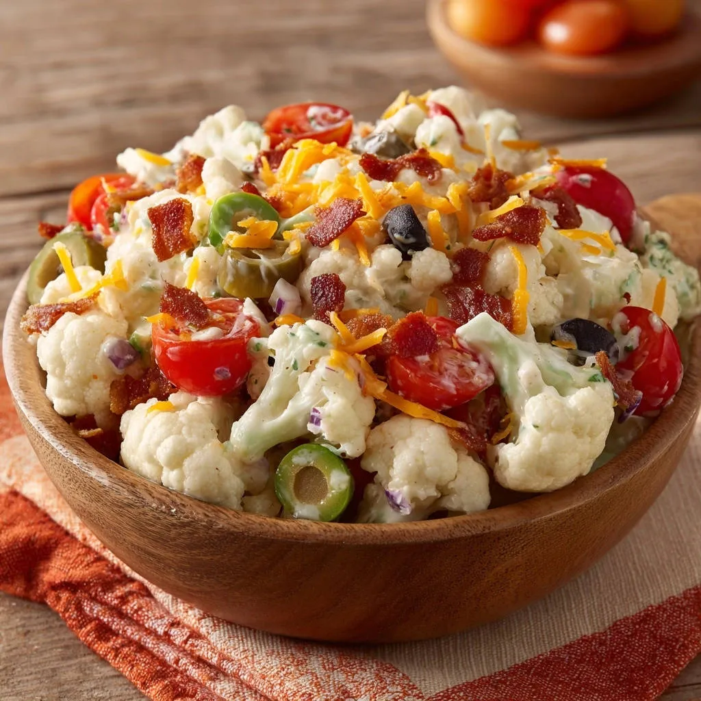 Creamy cauliflower salad served in a wooden bowl, showcasing fresh ingredients like tomatoes, olives, and bacon.