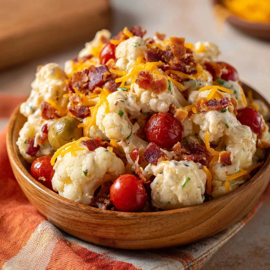 Creamy cauliflower salad topped with bacon, cheese, and tomatoes in a wooden bowl.