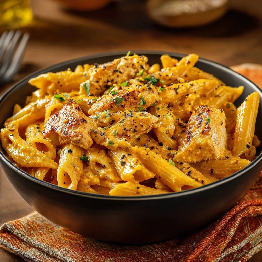 Creamy chicken penne in a black bowl, featuring penne pasta coated in a rich sauce and topped with seasoned chicken pieces.