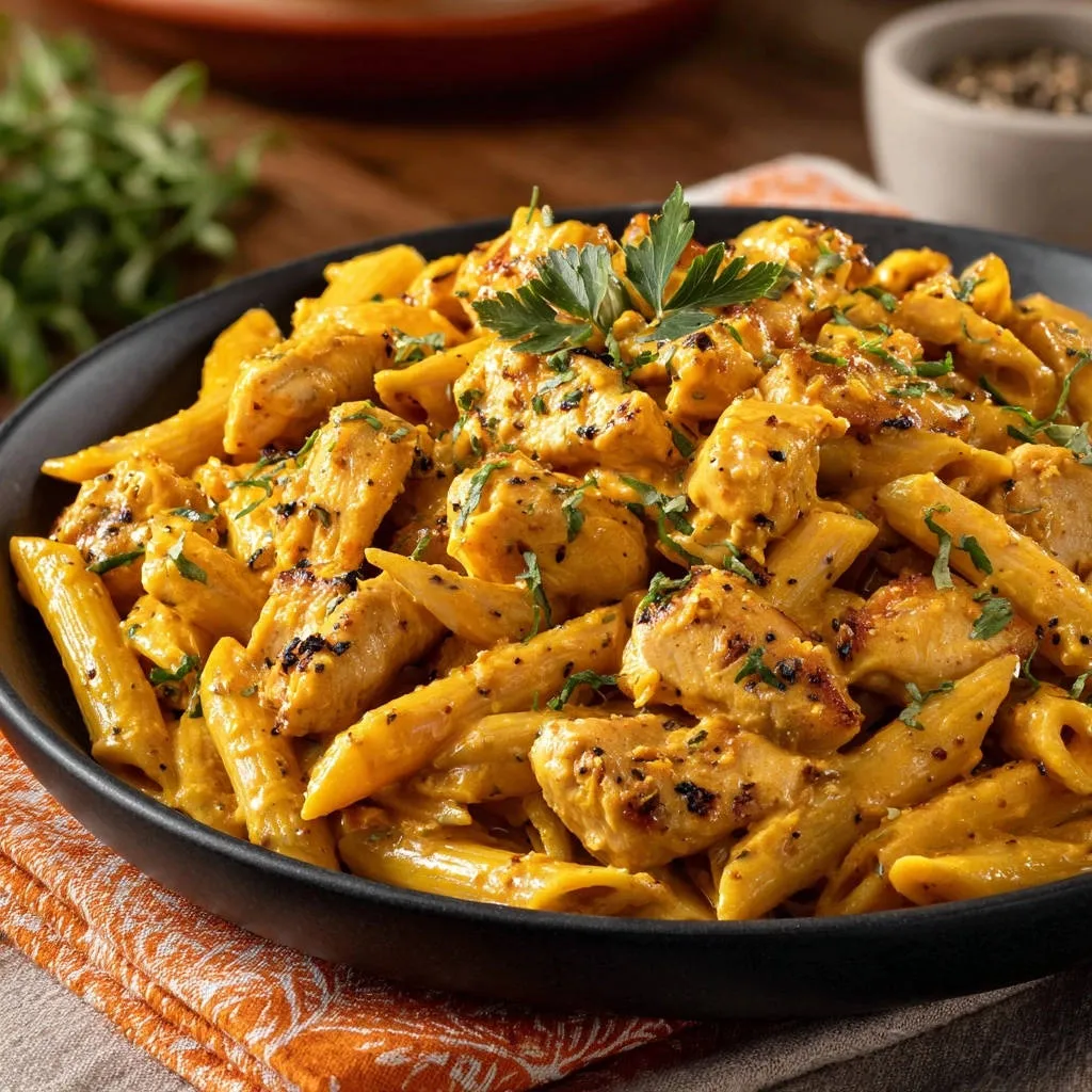 Creamy chicken penne in a black bowl, garnished with parsley, showcasing tender chicken and pasta.