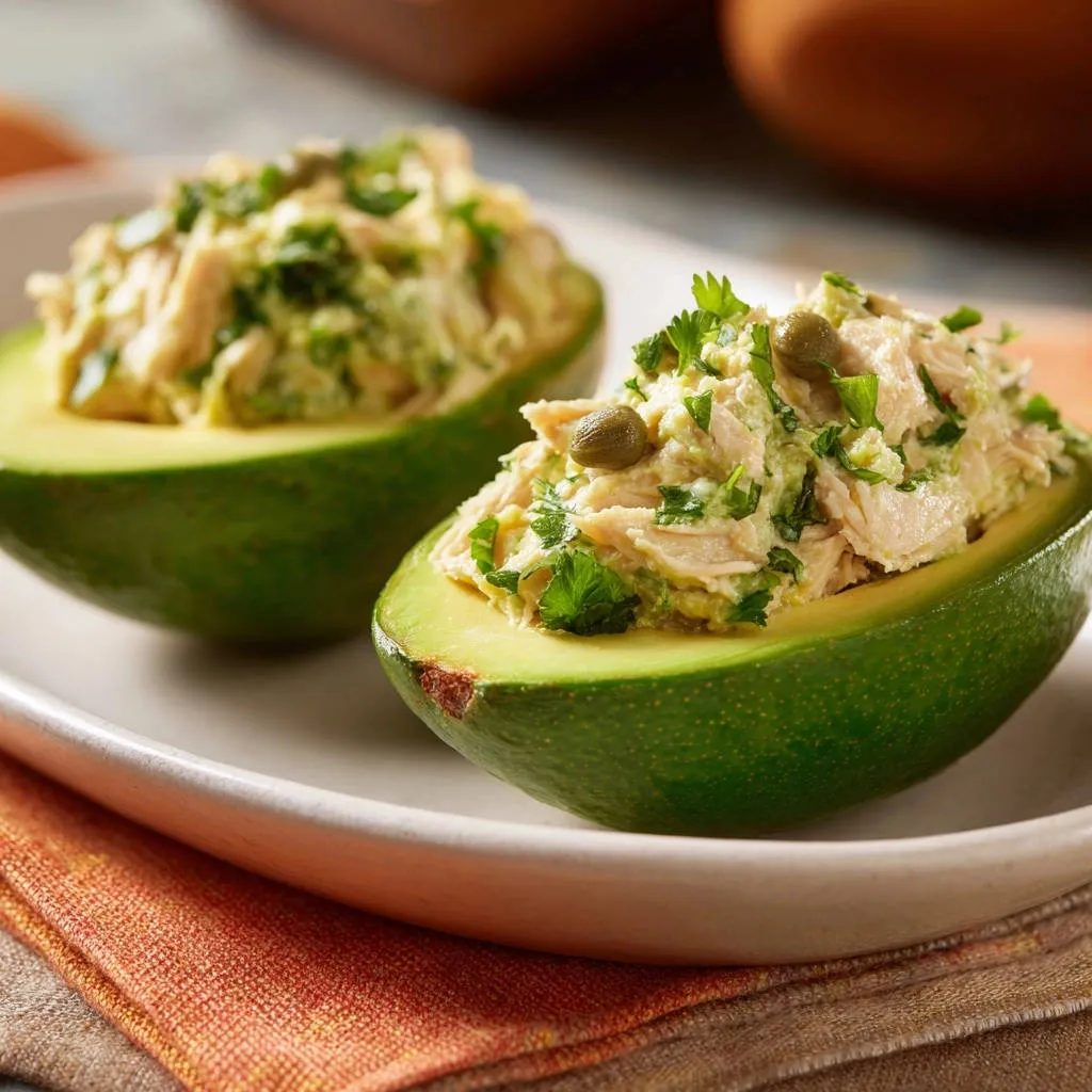 Creamy chicken stuffed avocados, halved and generously filled with a savory mixture, are presented on a white plate.