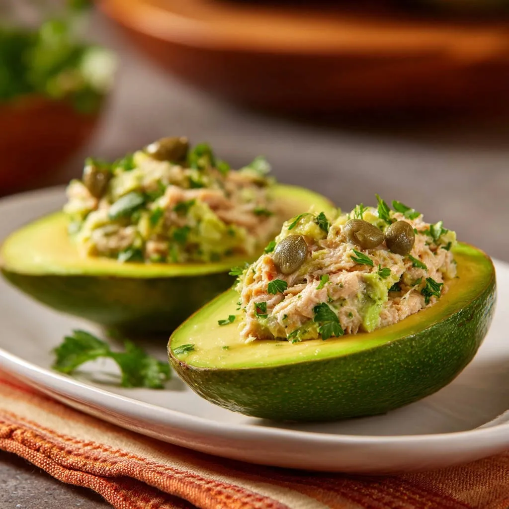 Creamy chicken stuffed avocados served in halved avocado shells, garnished with capers and parsley, presented on a white plate.