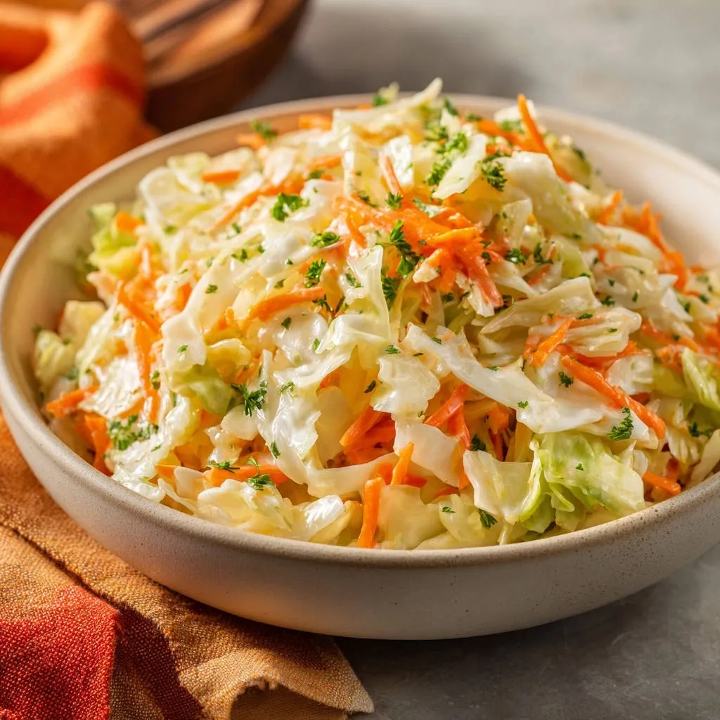 Creamy classic coleslaw in a bowl, featuring shredded cabbage, carrots, and parsley, ready to serve.