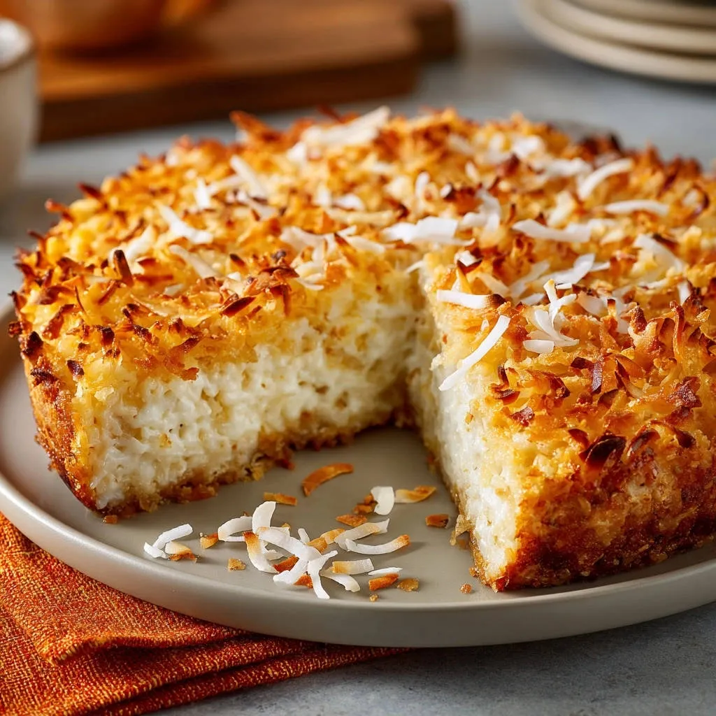 Creamy Coconut Custard Bake with a golden toasted coconut crust, shown in a close-up cross-section revealing its silky interior.