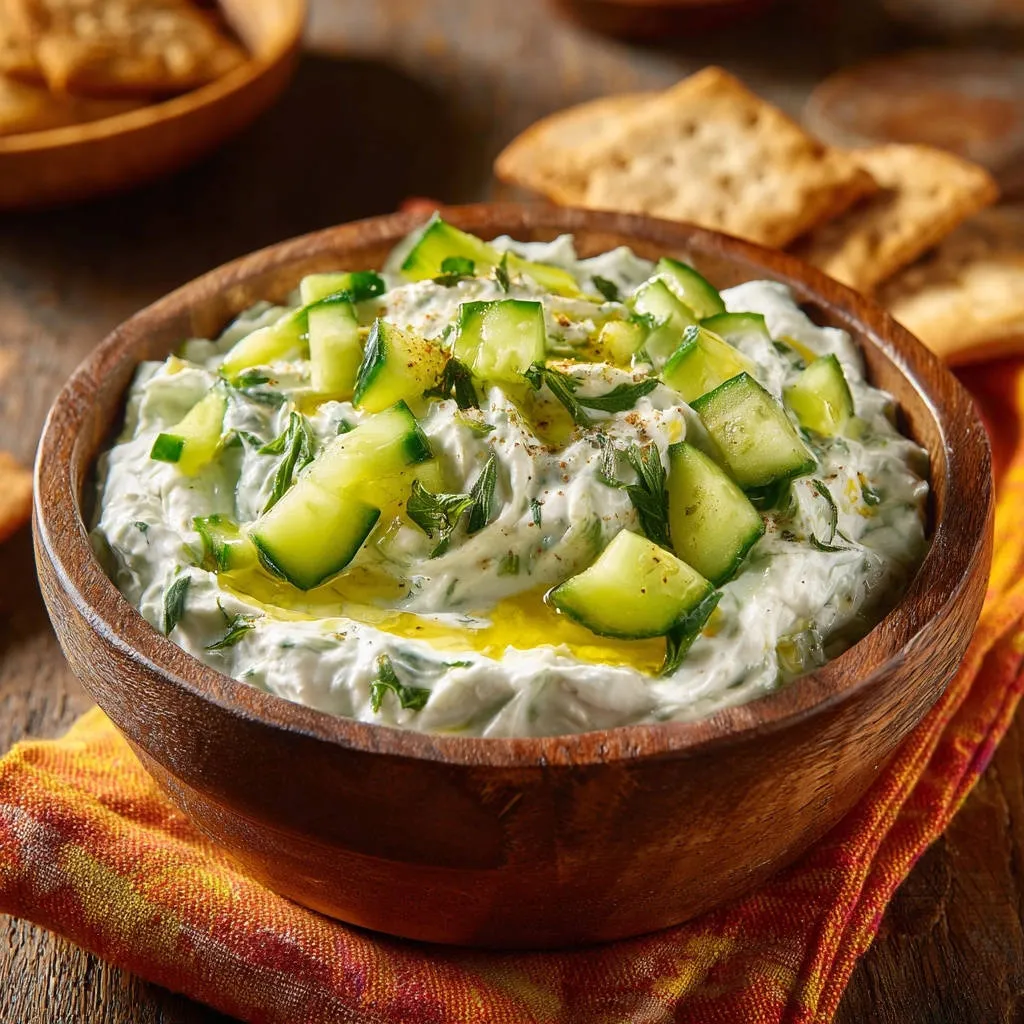 Creamy cucumber yogurt dip garnished with fresh cucumber pieces, mint, and a drizzle of olive oil in a wooden bowl.