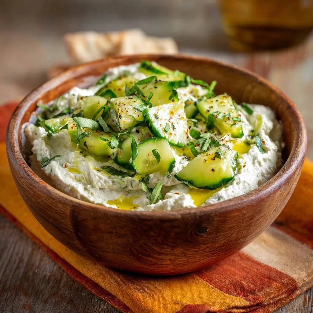 Creamy cucumber yogurt dip with a fresh herb and cucumber garnish, drizzled with olive oil.