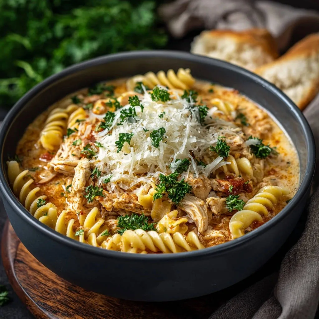 Creamy garlic herb chicken pasta served in a bowl, generously garnished with shredded parmesan and fresh parsley.