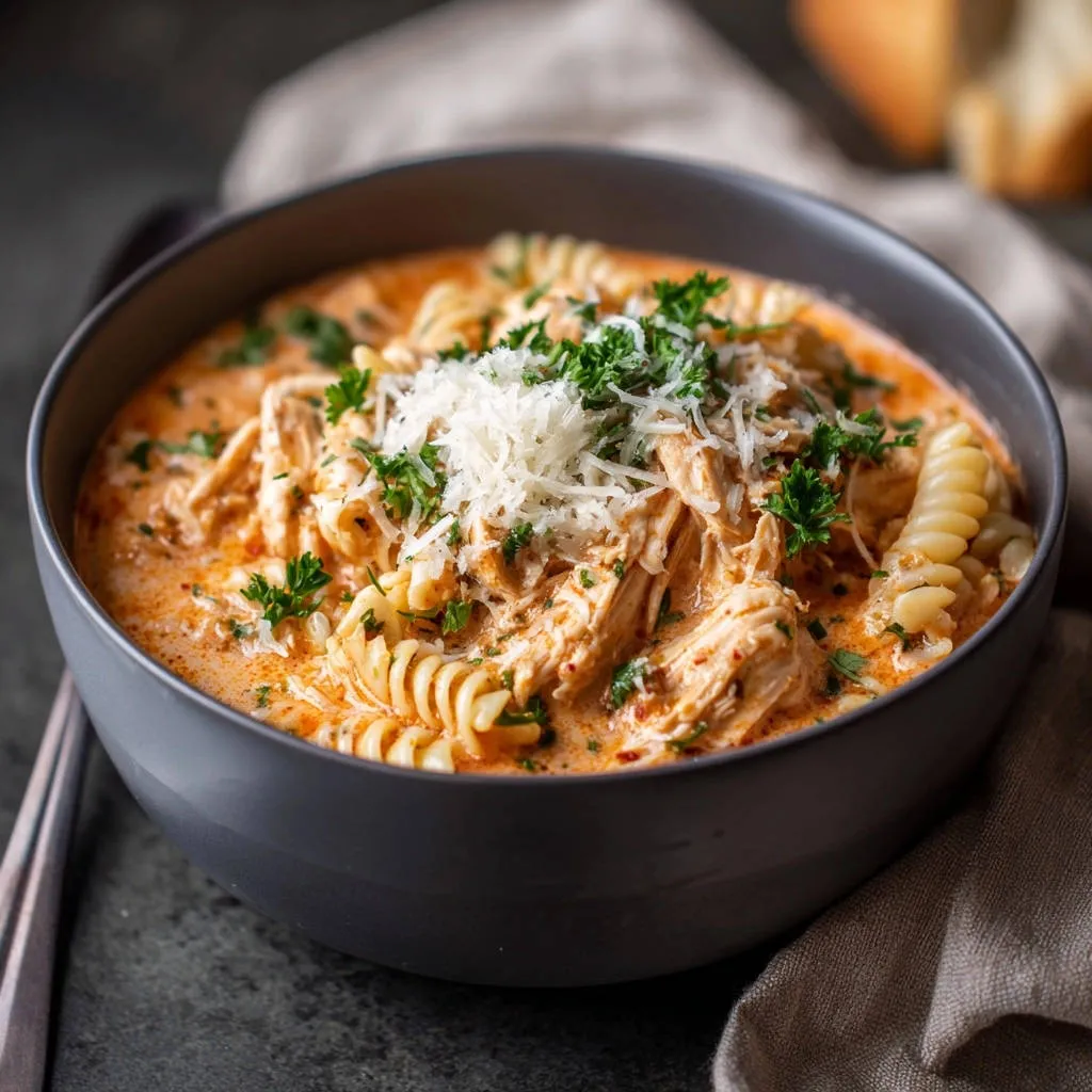 Creamy garlic herb chicken pasta with rotini pasta, topped with fresh parsley and grated Parmesan cheese in a dark bowl.