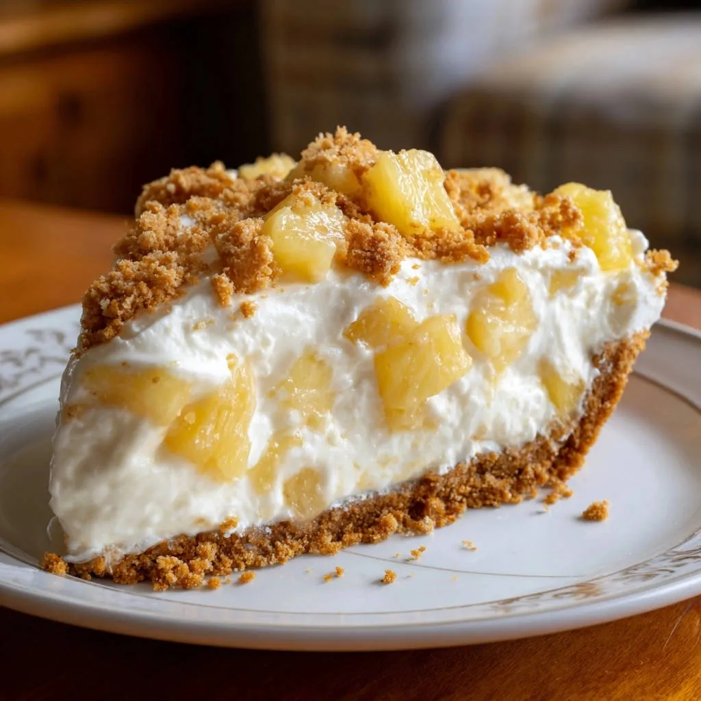 Creamy pineapple dream dessert shown as a cross-section slice on a white plate with a graham cracker crust.