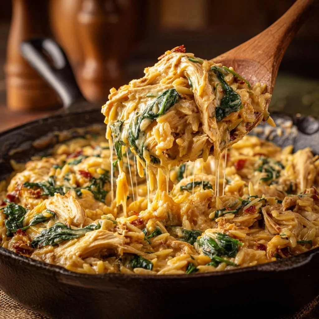 Creamy skillet chicken orzo with a cheesy spoonful being lifted from the cast iron pan.
