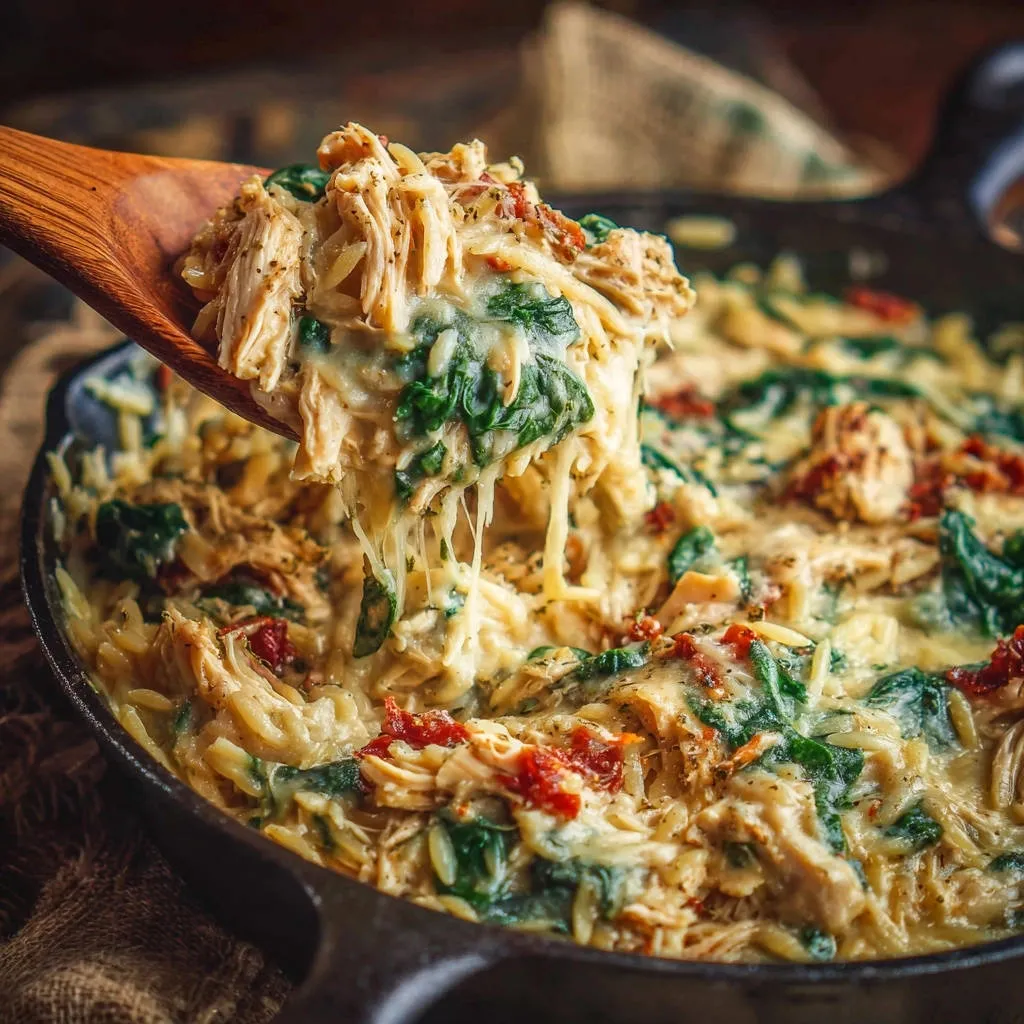 Creamy skillet chicken orzo being scooped with a wooden spoon, showing a cheesy pull and spinach.