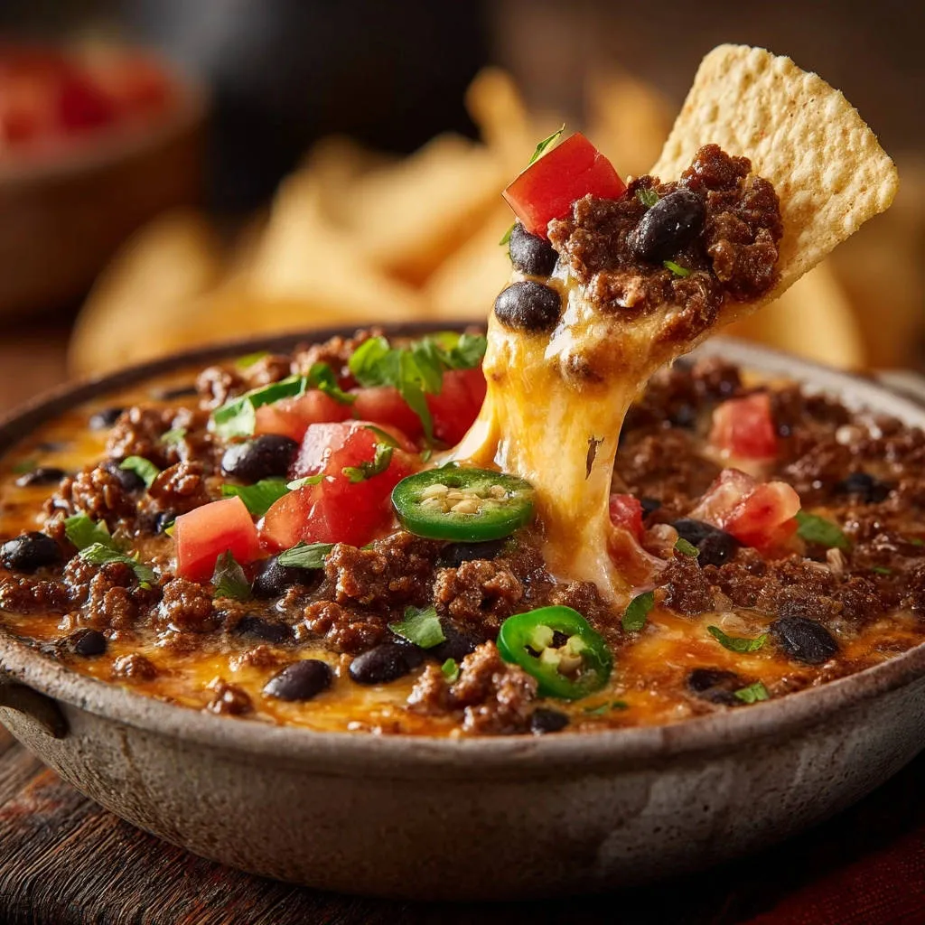 Creamy skillet taco dip with a chip lifting out cheesy, ground beef, and bean topping.