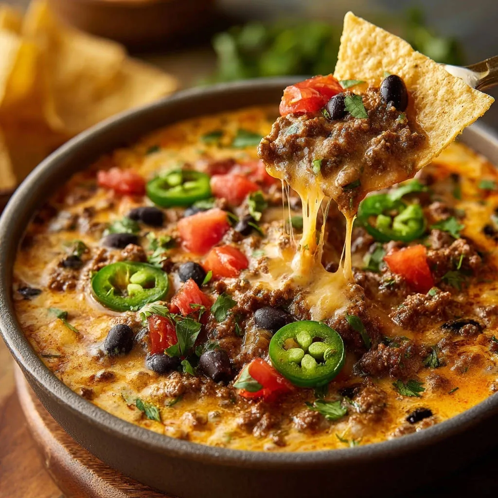 Creamy skillet taco dip with a nacho chip scooping up cheesy ground beef and toppings.