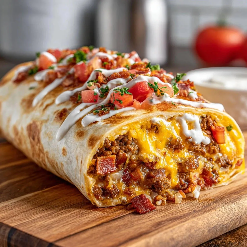 Crispy beef & bacon burrito cross-section showing melted cheese and seasoned ground beef filling.