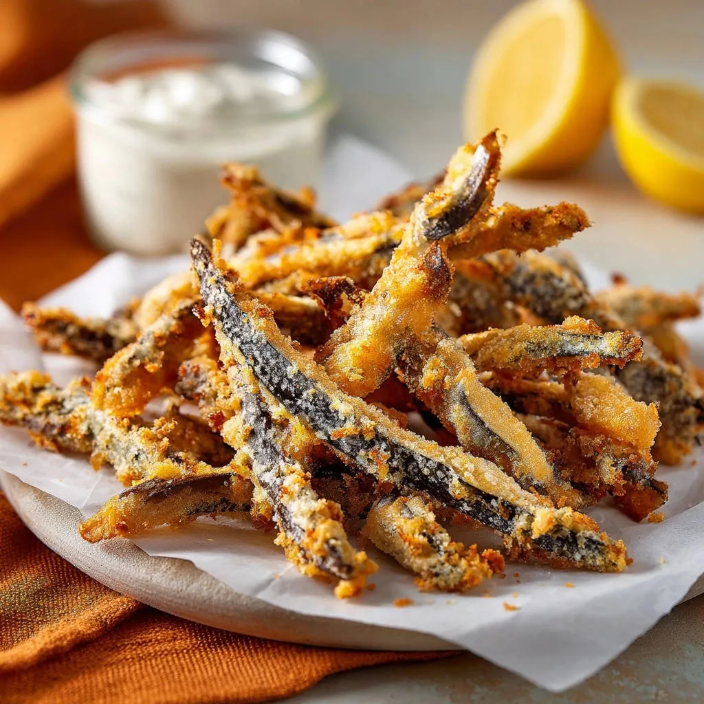 Crispy eggplant fries served in a pile, golden brown and perfectly cooked, with a side of dip and lemon wedges.