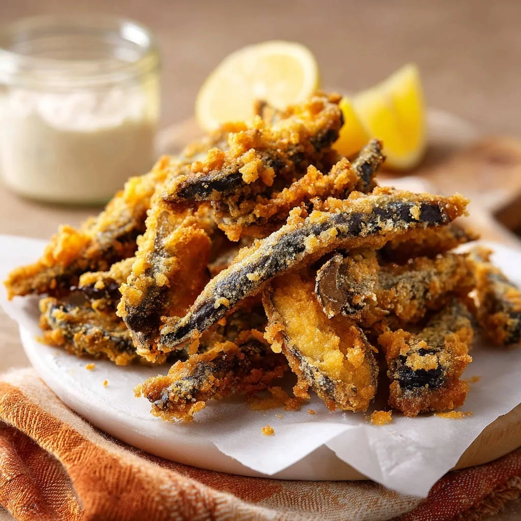 Crispy eggplant fries served with lemon wedges and a creamy dip, presented on parchment paper.