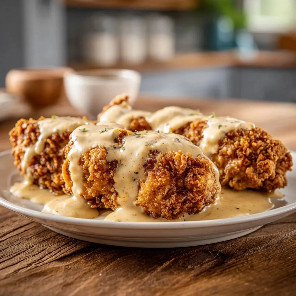 Crispy fried chicken with creamy gravy generously drizzled over multiple pieces on a white plate.