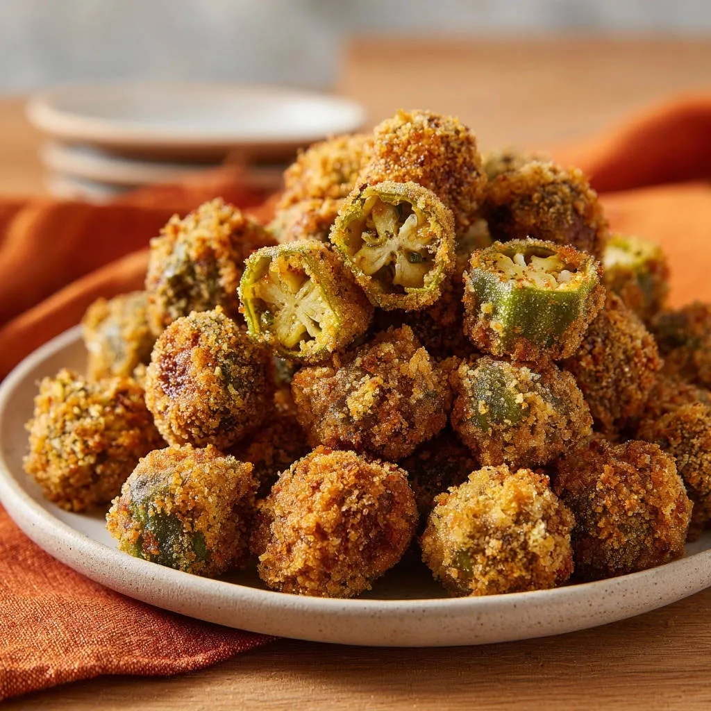 Crispy fried okra showing a detailed cross-section of the breaded exterior and interior vegetable slices.