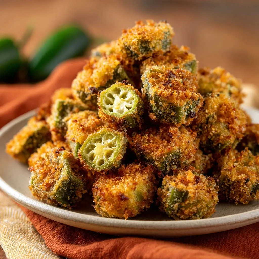 Crispy fried okra shown as a close-up cross-section, revealing the seeds and texture.