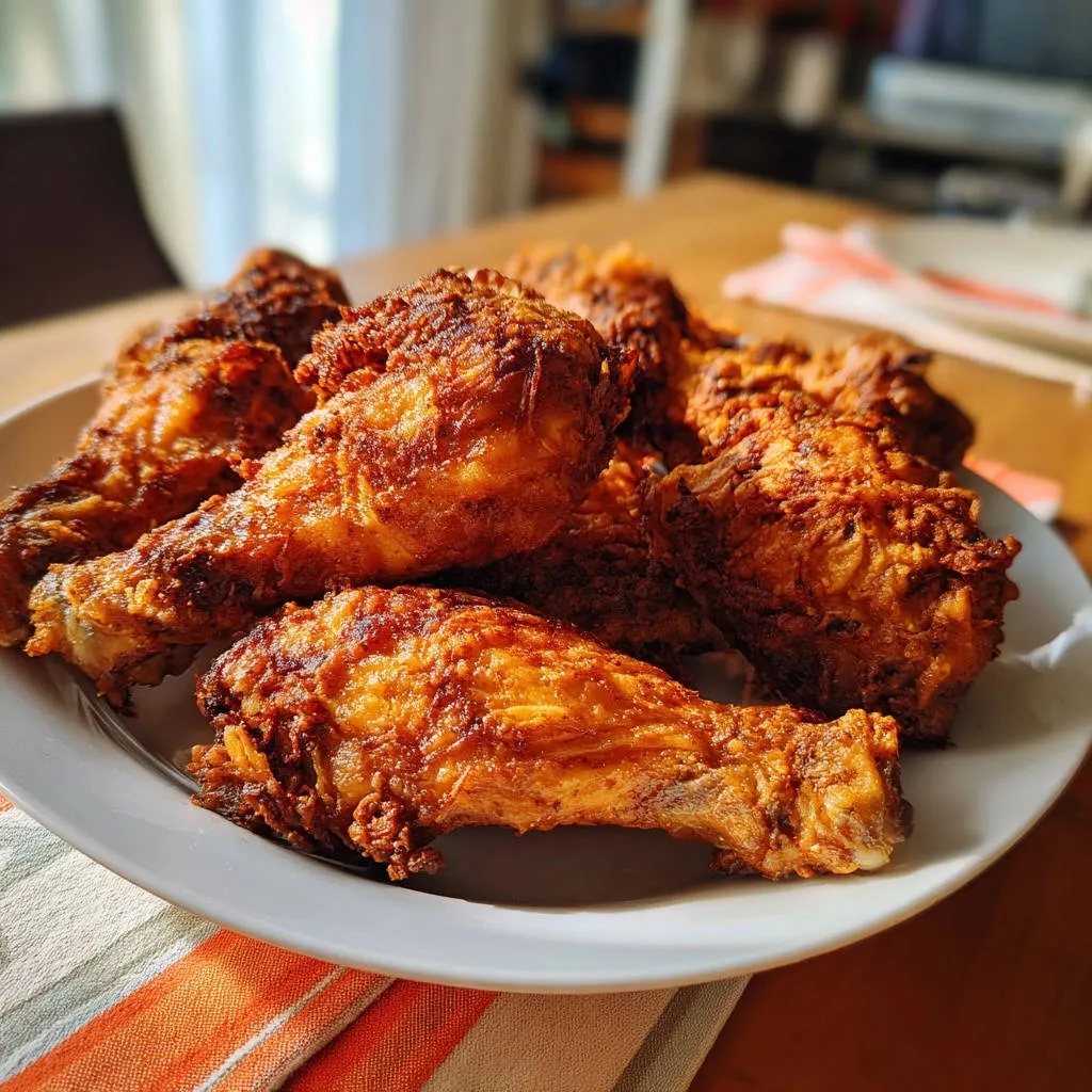 Crispy golden fried chicken piled high on a white plate, showcasing its golden-brown, textured coating.