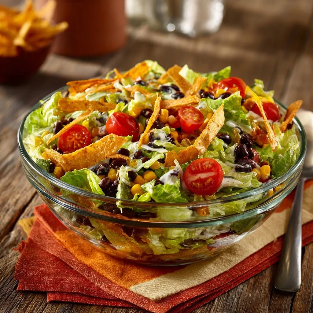 Crunchy Fiesta Salad in a clear glass bowl, featuring a close-up view of lettuce, beans, corn, tomatoes, and tortilla strips.