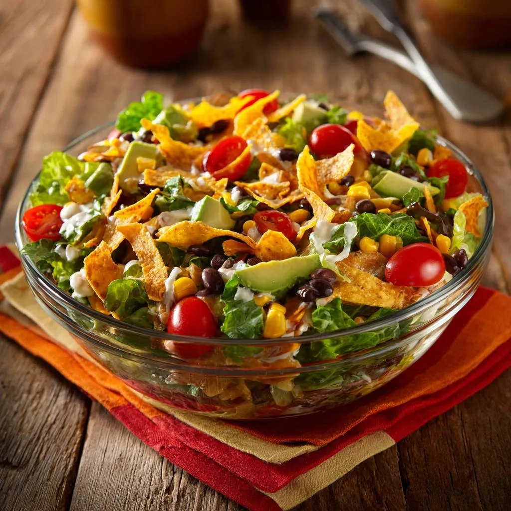 Crunchy Fiesta Salad in a glass bowl, featuring lettuce, avocado, tomatoes, corn, black beans, and tortilla strips.
