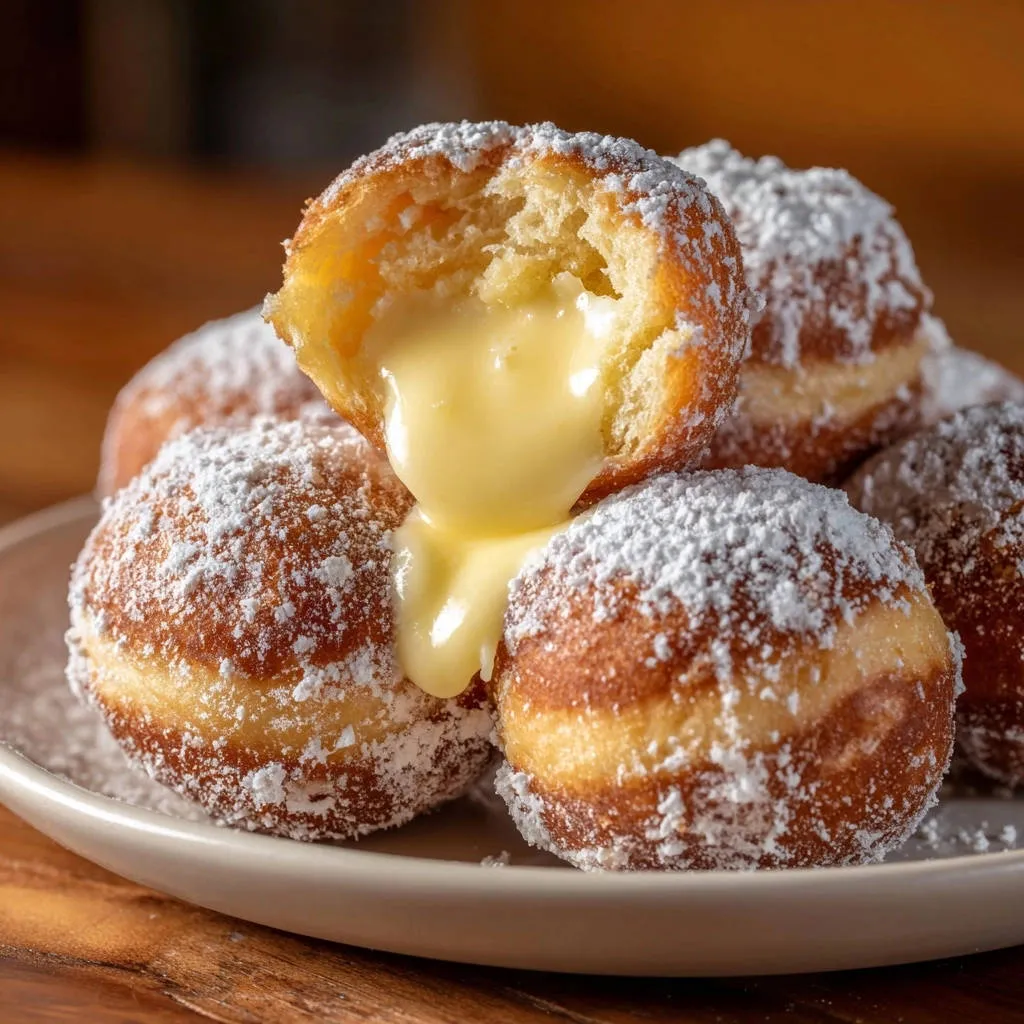 Custard-filled doughnut holes cross-section showing creamy yellow filling oozing out of a broken hole.