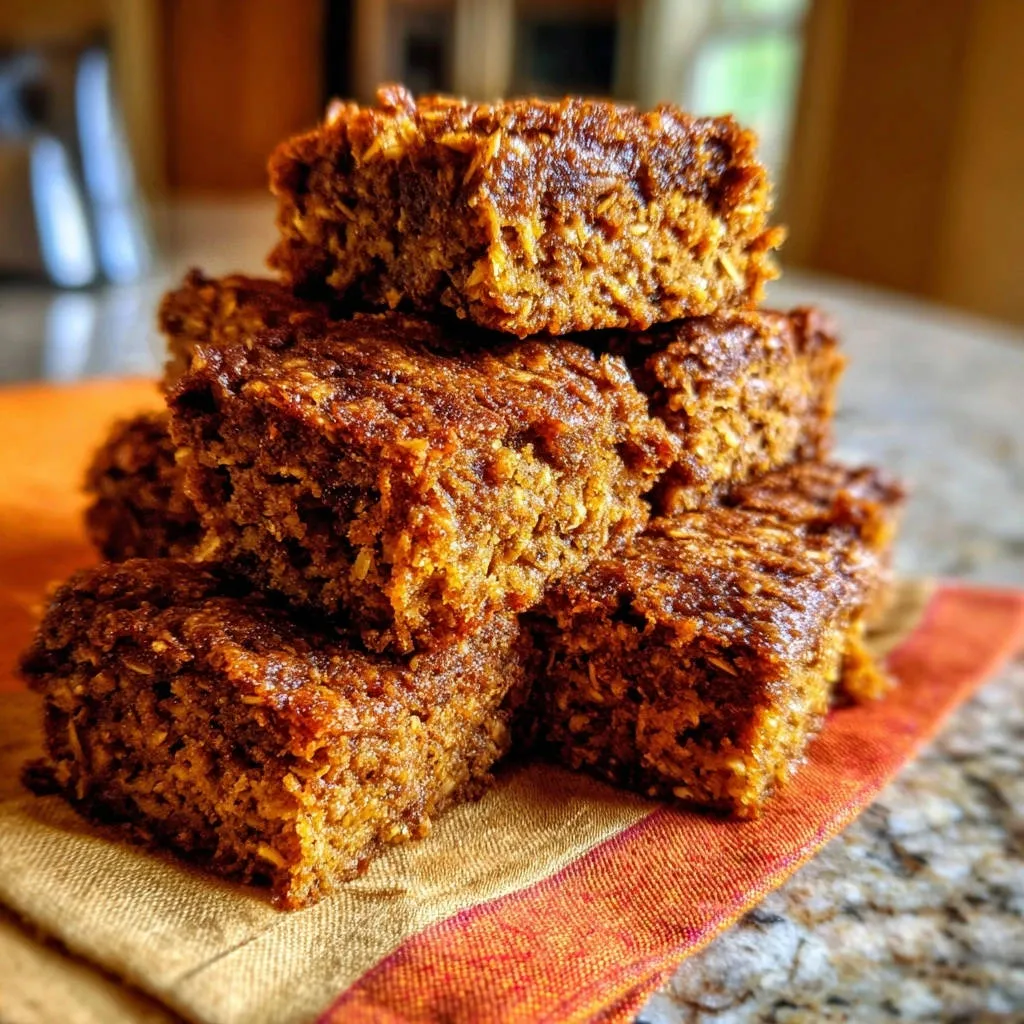 Decadent chewy oat bars stacked in a close-up view on an orange and yellow napkin.