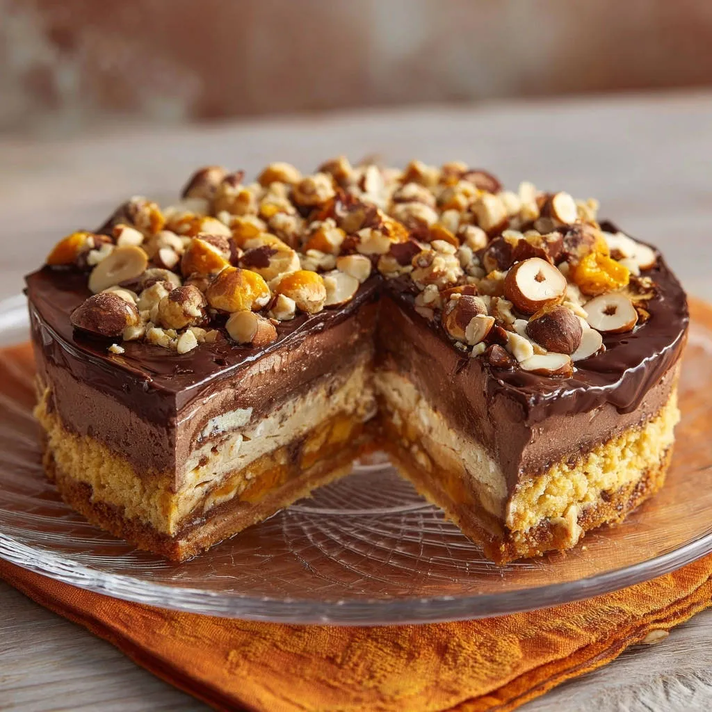 Decadent no-bake layered cake shown in a close-up cross-section revealing its rich chocolate and hazelnut layers.