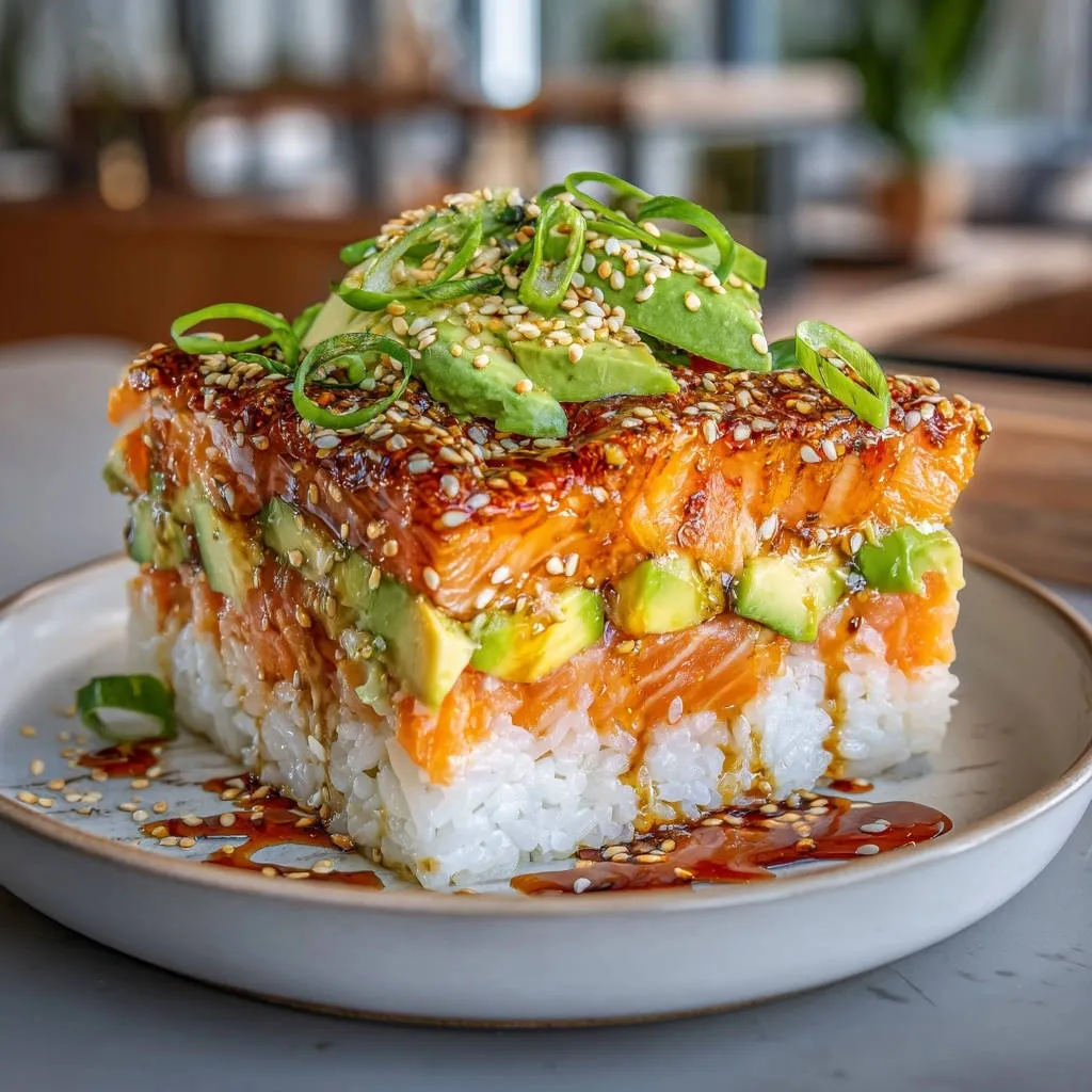Deconstructed salmon and avocado sushi tower shown in a layered cross-section with fresh avocado and sesame seeds.